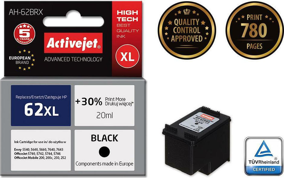 Active Jet Συμβατό Μελάνι Εκτυπωτή InkJet HP 62XL C2P05AE 780 Σελίδων 20ml Μαύρο