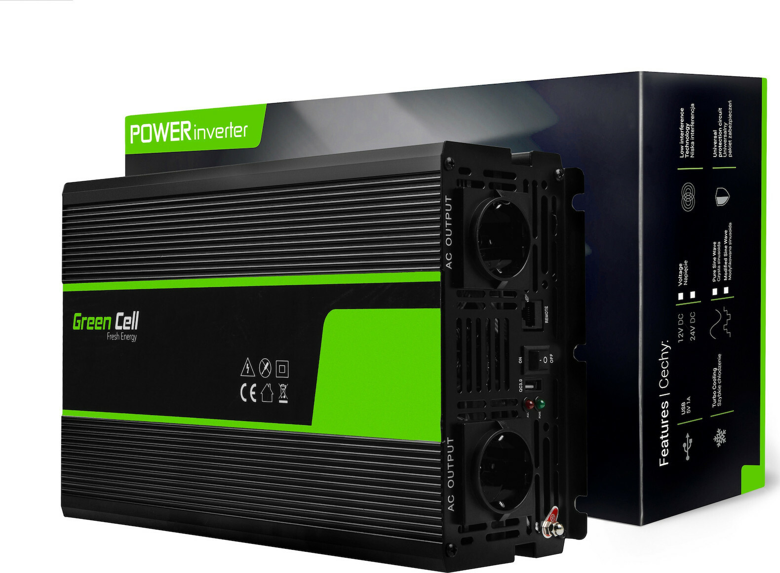 Green Cell Pure Sinusoid Inverter Αυτοκινήτου Καθαρού Ημιτόνου 2000W για Μετατροπή 24V DC σε 230V AC με 1xUSB