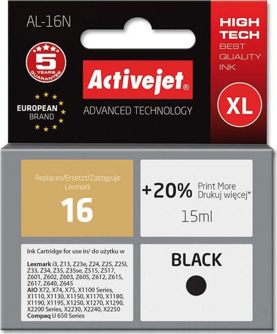 Active Jet Συμβατό Μελάνι Εκτυπωτή InkJet Lexmark 16 10N0016 15ml Μαύρο 1τμχ