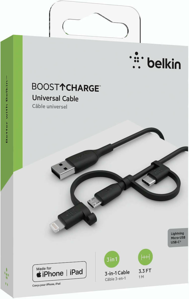 Belkin Regular USB to Lightning / Type-C / micro USB Cable Μαύρο 1m (CAC001BT1MBK) - Image 3