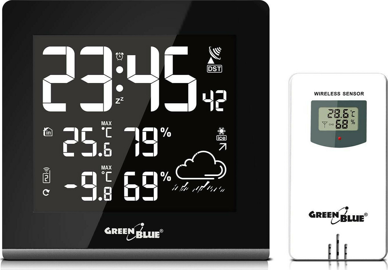 Green Blue GB151 Ασύρματος Μετεωρολογικός Σταθμός Ψηφιακός Επιτραπέζιος Μαύρος - Image 2