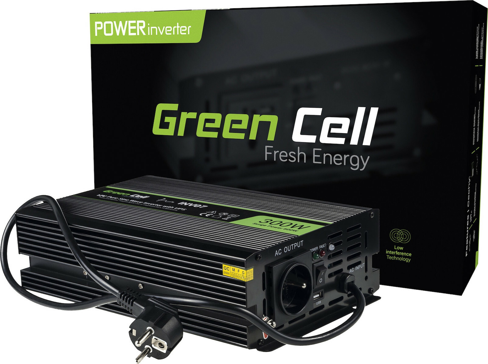 Green Cell Inverter Αυτοκινήτου Καθαρού Ημιτόνου 600W για Μετατροπή 12V DC σε 220V AC - Image 2