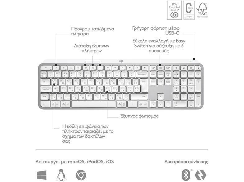 Logitech MX Keys S Ασύρματο Bluetooth Πληκτρολόγιο International English Pale Grey - Image 4
