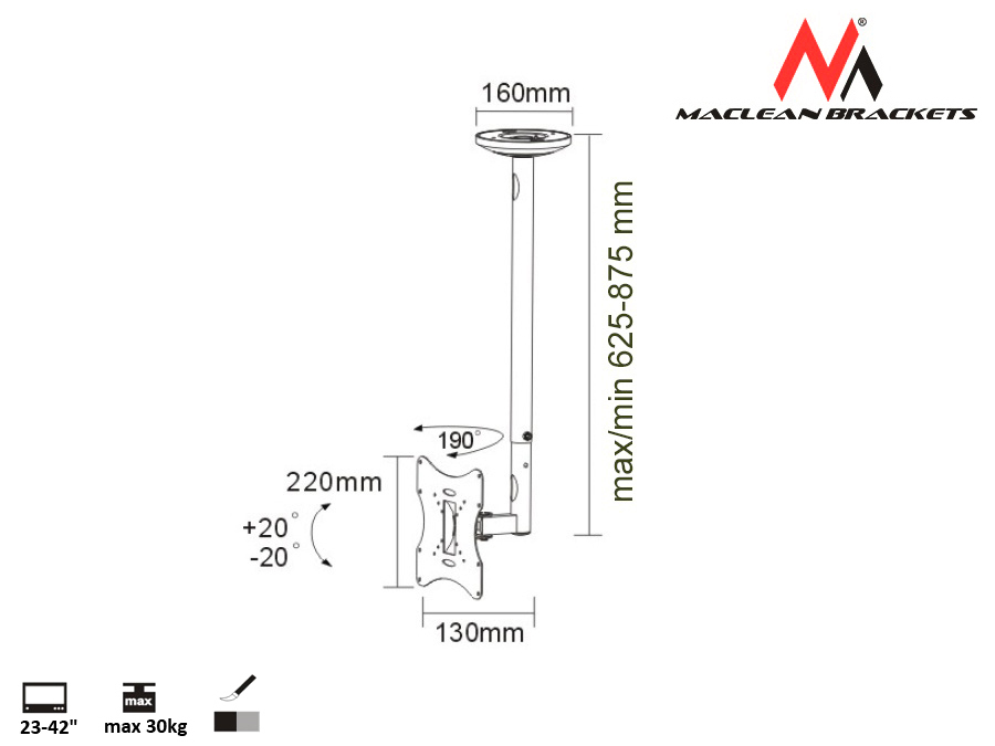 Maclean Energy MC-504A S Βάση Τηλεόρασης Οροφής έως 42" και 30kg - Image 2