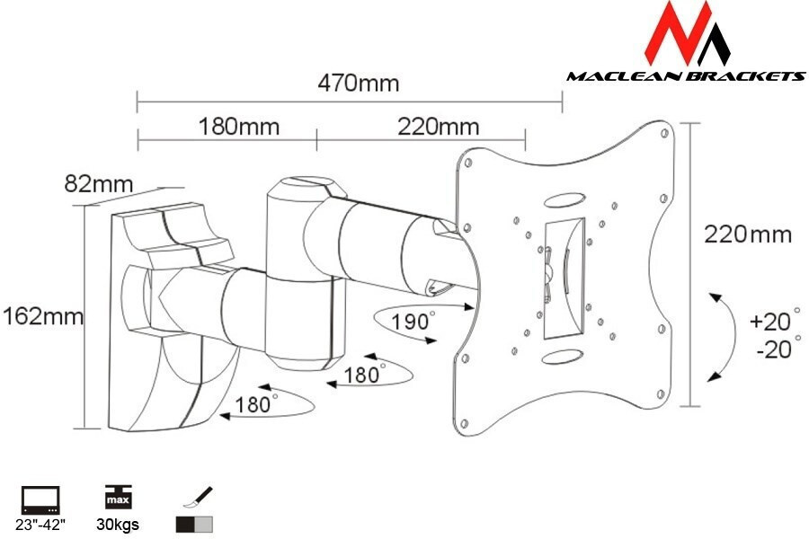 Maclean Energy MC-503S Βάση Τηλεόρασης Τοίχου με Βραχίονα έως 42" και 30kg - Image 5