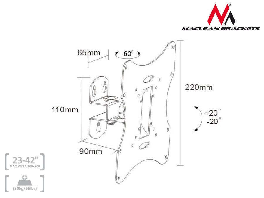 Maclean Energy MC-501A B Βάση Τηλεόρασης Τοίχου έως 42" και 30kg - Image 7