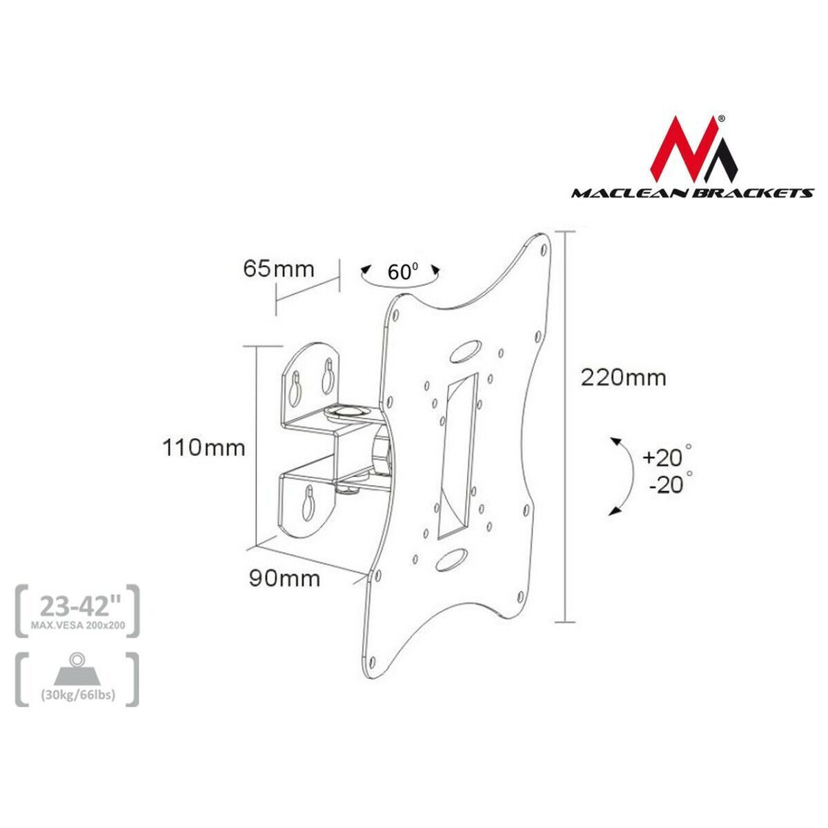 Maclean Energy MC-501A B Βάση Τηλεόρασης Τοίχου έως 42" και 30kg - Image 4