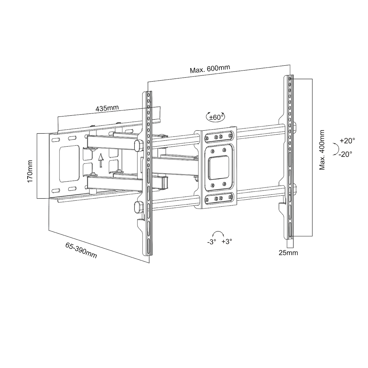 Βάση Τηλεόρασης Maclean Μέγιστο Vesa 600x400 32-85" 60kg Ρύθμιση Γωνίας Κάθετα Οριζόντια Προφίλ 65-390mm Μαύρο Mc-789 - Image 6