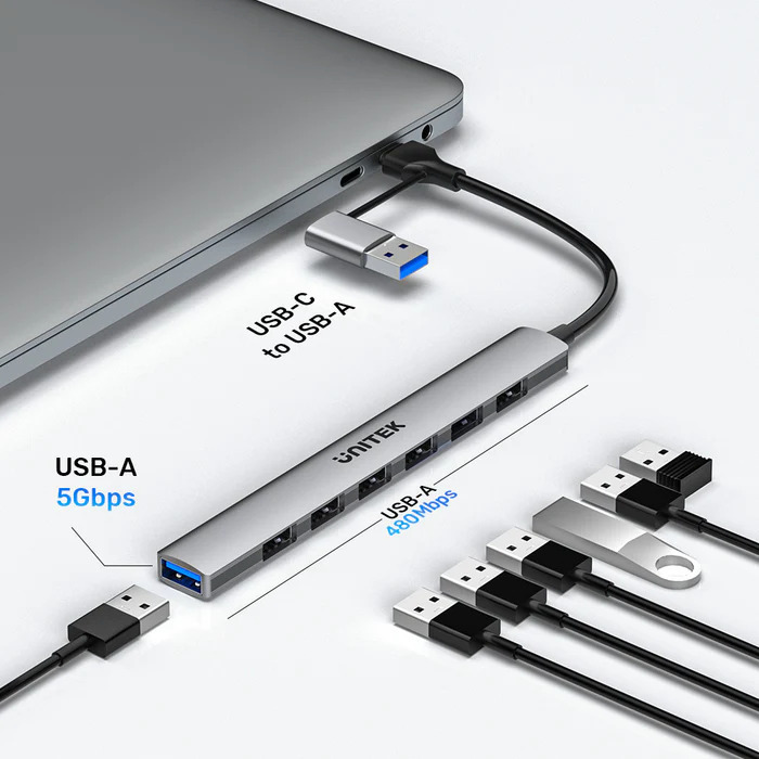Unitek USB 2.0 Hub 7 Θυρών με σύνδεση USB-A / USB-C Γκρι - Image 5