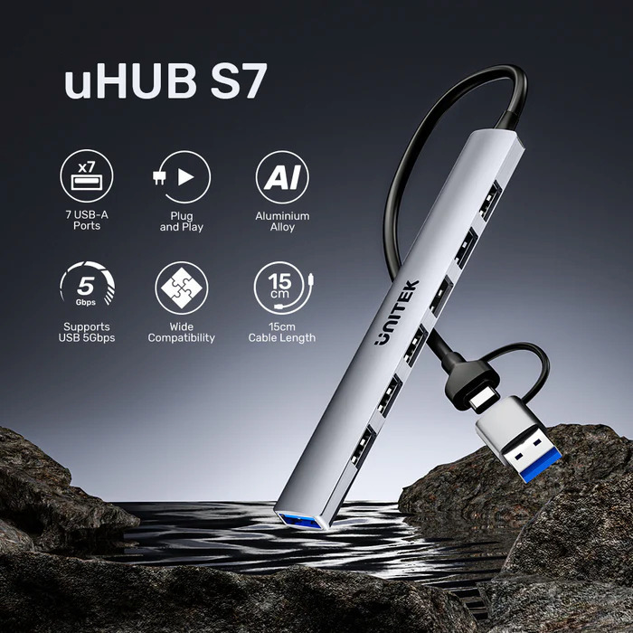 Unitek USB 2.0 Hub 7 Θυρών με σύνδεση USB-A / USB-C Γκρι - Image 4