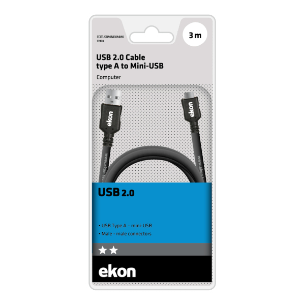 SBS USB 2.0 Cable USB-A male - mini USB-A male Μαύρο 3m - Image 2