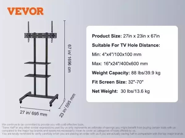 Vevor Mobile Tv Stand Adjustable Height Supports 23-60 Inch Tvs 32-70 In - Image 3