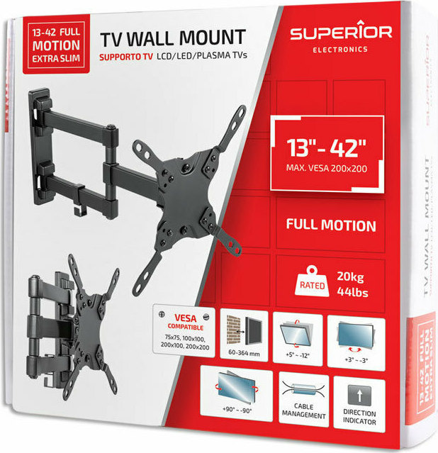 Superior Electronics 13-42 Full Motion Extra Slim Βάση Τηλεόρασης Τοίχου με Βραχίονα έως 42" και 20kg - Image 4