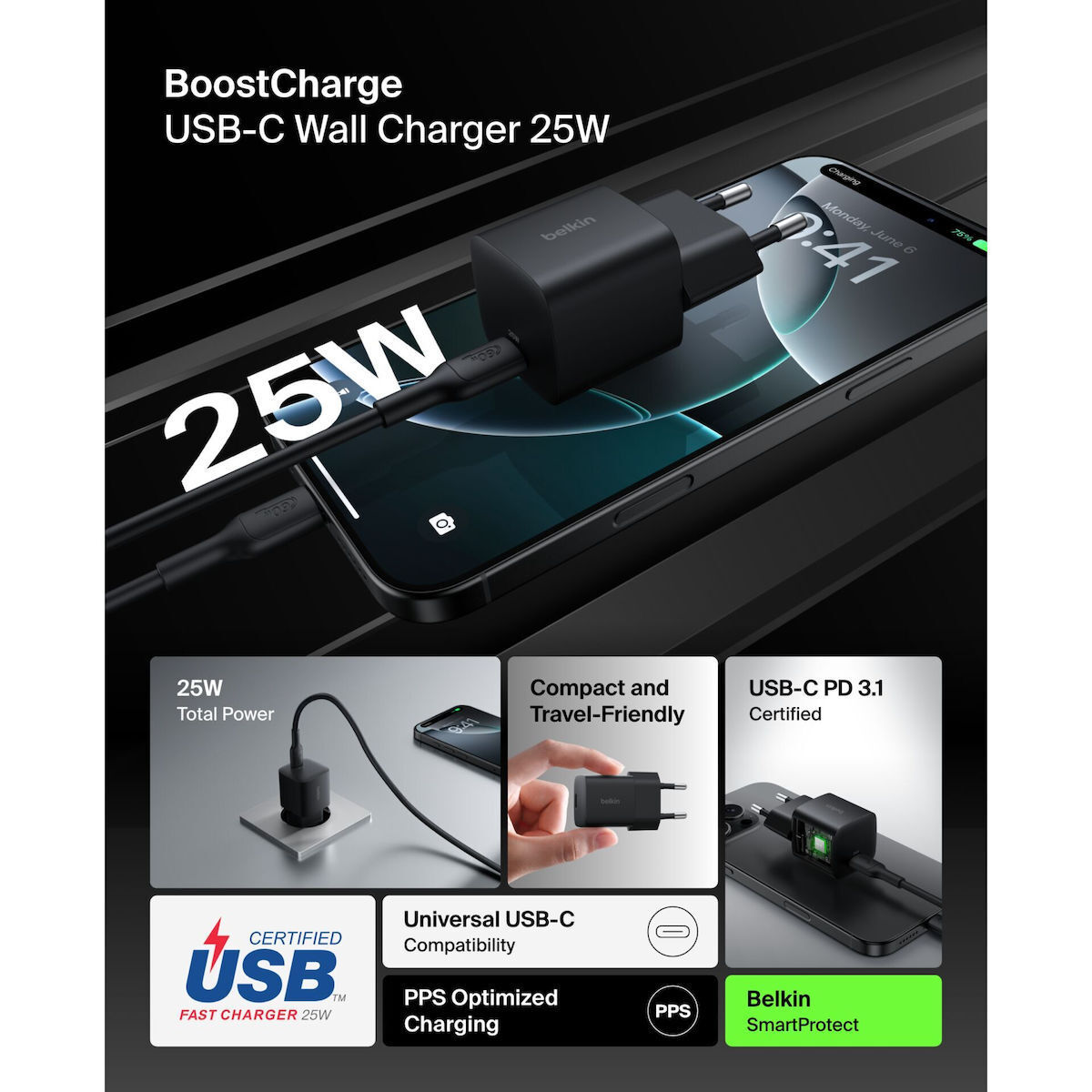 Belkin Φορτιστής Χωρίς Καλώδιο με Θύρα USB-C 25W Power Delivery Μαύρος (BOOST Charge) - Image 5