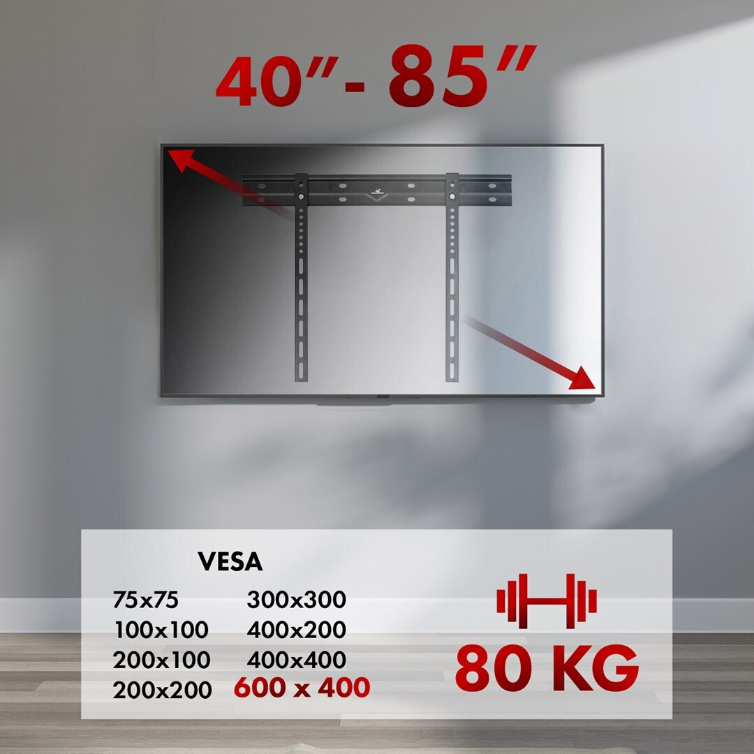 Maclean Energy MC-123 Βάση Τηλεόρασης Τοίχου έως 85" και 80kg - Image 2