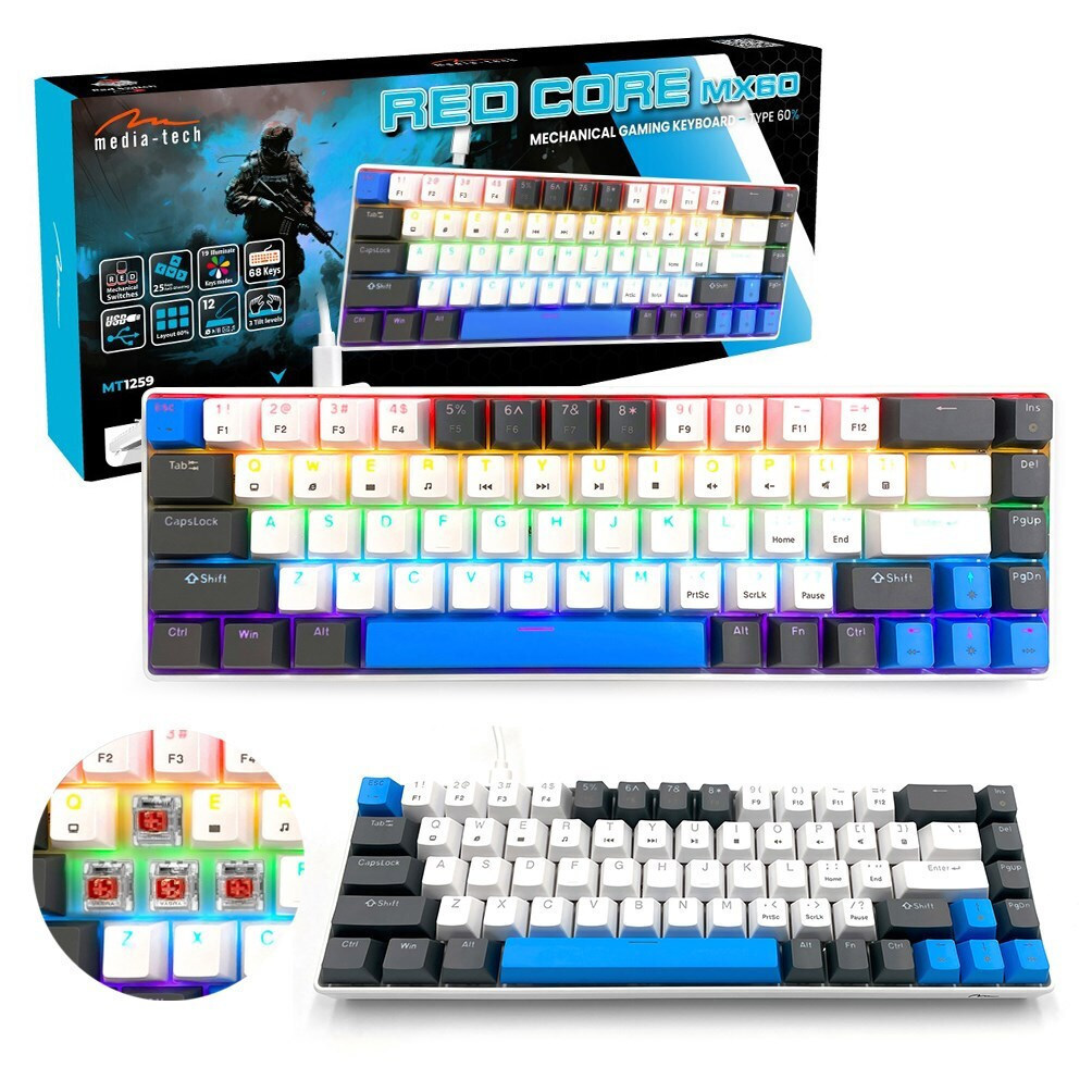 Media-Tech Red Core MX60 Gaming Μηχανικό Πληκτρολόγιο 60% με Cherry MX Red διακόπτες και RGB φωτισμό (International English) Blue/Graphite