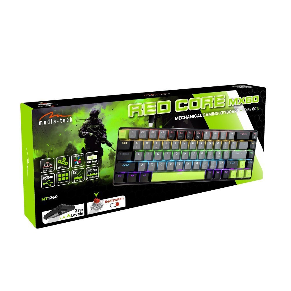 Media-Tech Red Core MX60 Gaming Μηχανικό Πληκτρολόγιο 60% με Cherry MX Red διακόπτες και RGB φωτισμό (International English) Green/Grey/Black - Image 6