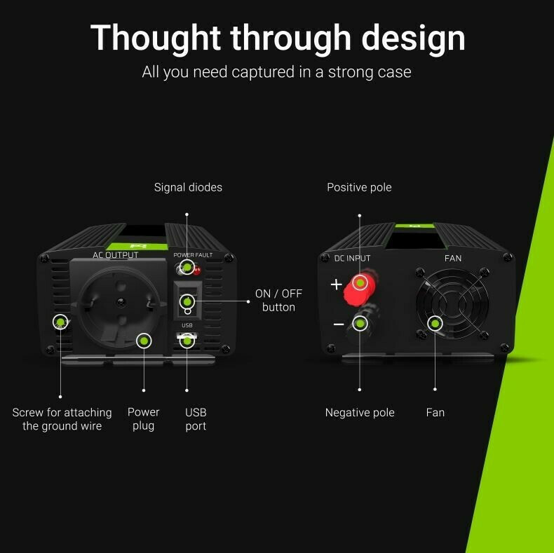 Green Cell INV08 Inverter Αυτοκινήτου Τροποποιημένου Ημιτόνου 2000W για Μετατροπή 12V DC σε 230V AC με 1xUSB INV08 - Image 2