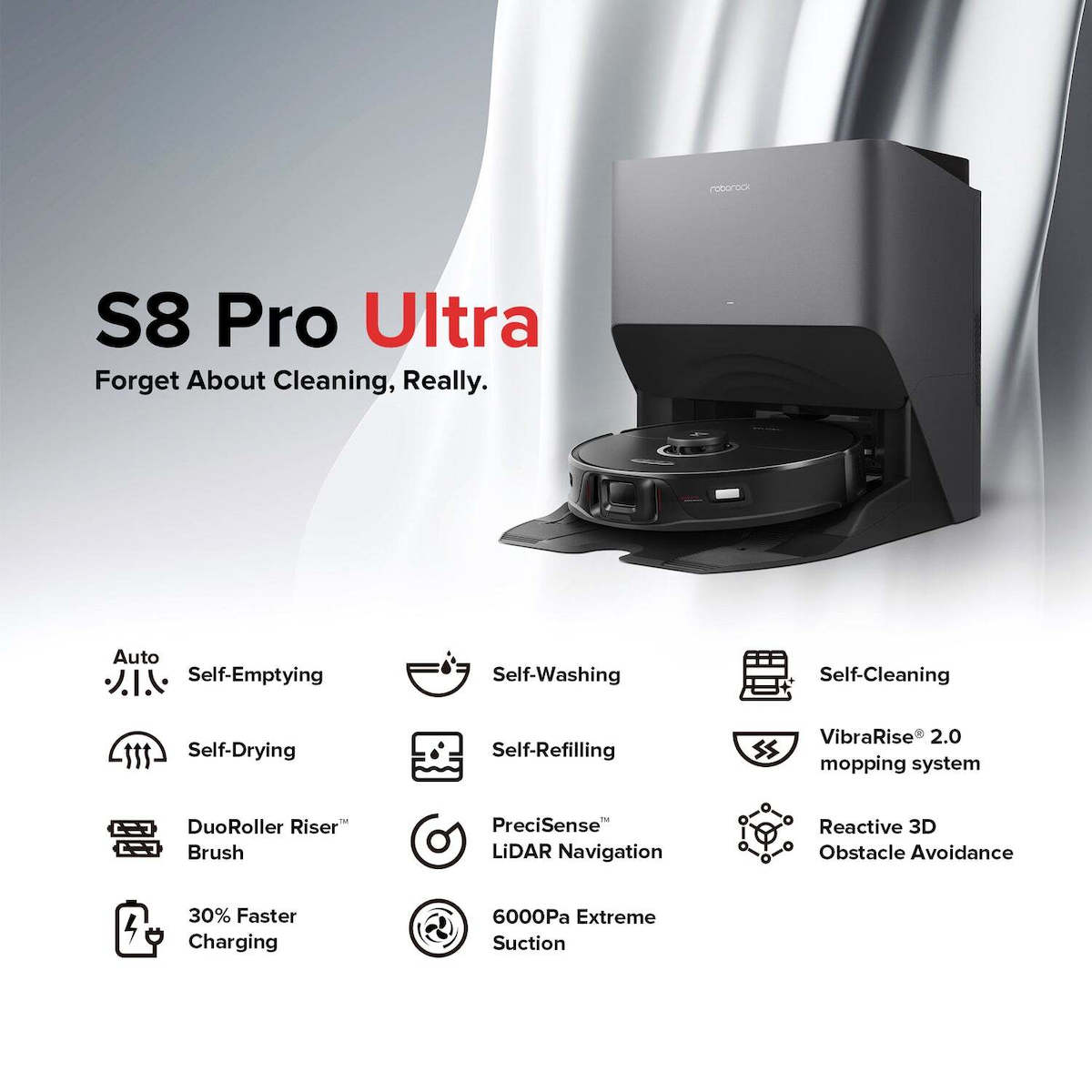 Roborock RockDock S8 Pro Ultra Σκούπα Ρομπότ για Σκούπισμα & Σφουγγάρισμα με Χαρτογράφηση και Wi-Fi Μαύρη - Image 2