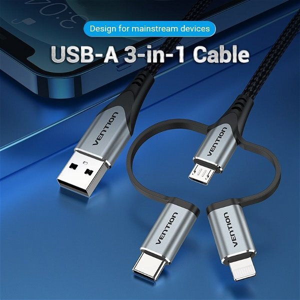 Vention USB to micro USB / Type-C / Lightning Cable Γκρι 1m (S9908504) - Image 2