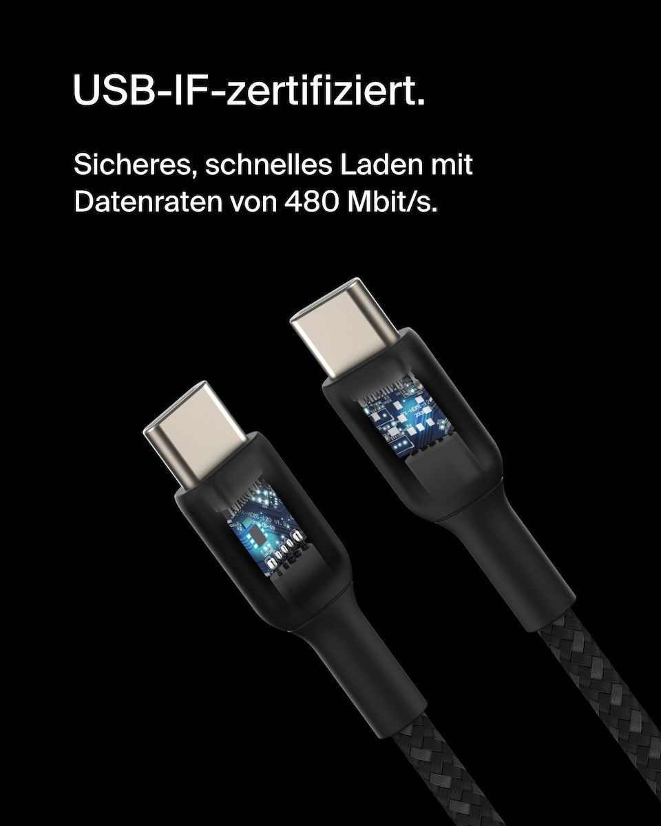 Belkin Boost Charge Braided USB 2.0 Cable USB-C male - USB-C 60W Μαύρο 2m (CAB004bt2MBK) - Image 3