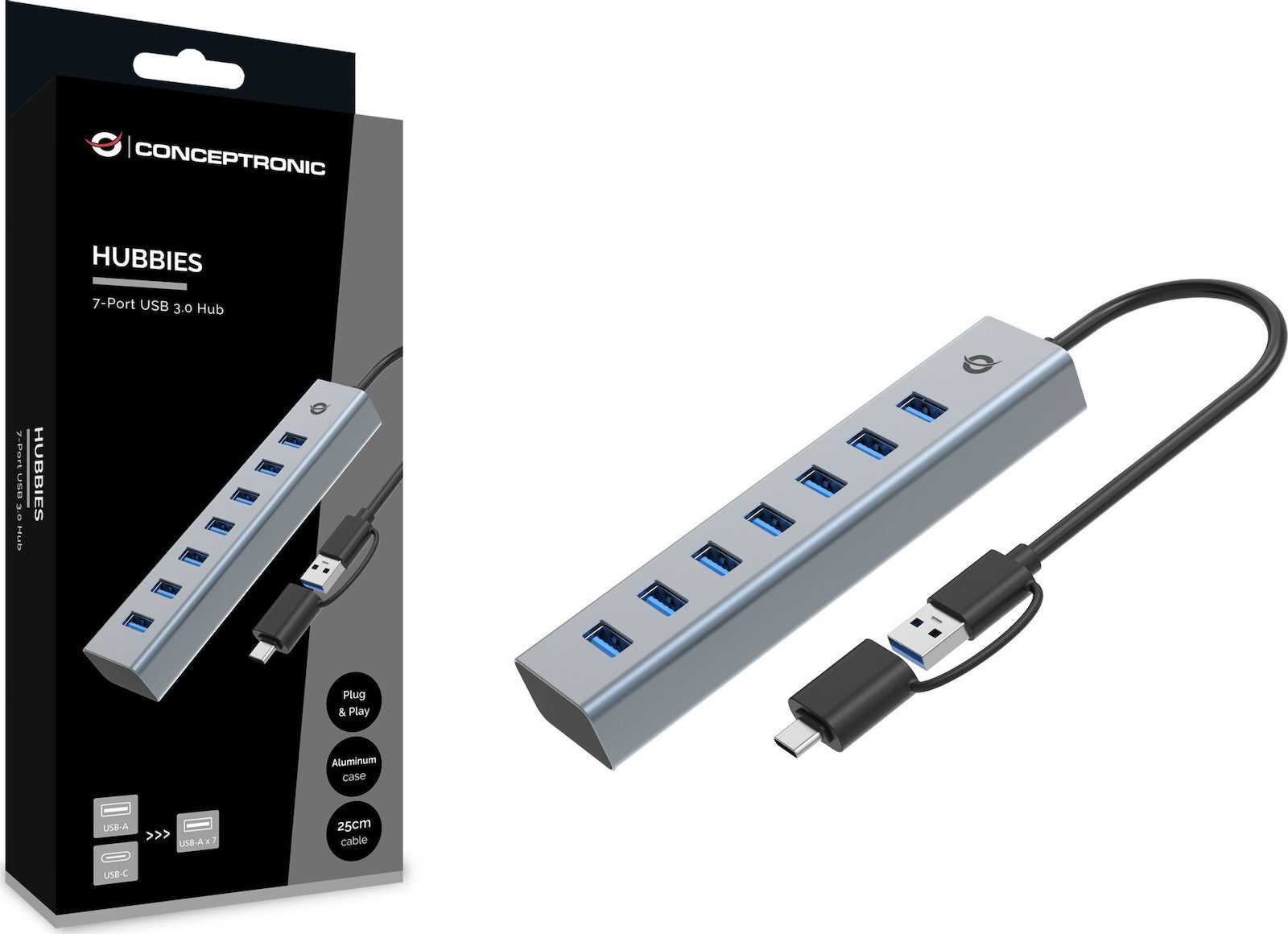 Conceptronic USB 3.0 Hub 7 Θυρών με σύνδεση USB-A / USB-C & Θύρα Φόρτισης Ασημί (HUBBIES21G) - Image 3