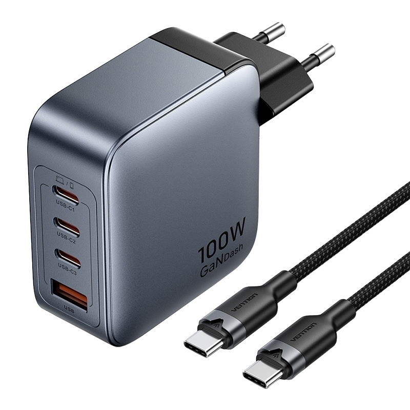 Vention Φορτιστής GaN με Θύρα USB-A και 3 Θύρες USB-C και Καλώδιο USB-C - USB-C 100W Power Delivery Γκρι (TZ-FETH0-EU) - Image 2