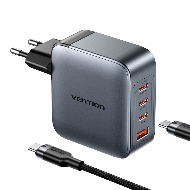 Vention Φορτιστής GaN με Θύρα USB-A και 3 Θύρες USB-C και Καλώδιο USB-C - USB-C 100W Power Delivery Γκρι (TZ-FETH0-EU) - Image 3