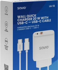 Alternative view of Savio Φορτιστής με Θύρα USB-A και Θύρα USB-C και Καλώδιο USB-C - USB-C 20W Power Delivery Λευκός (LA-13)