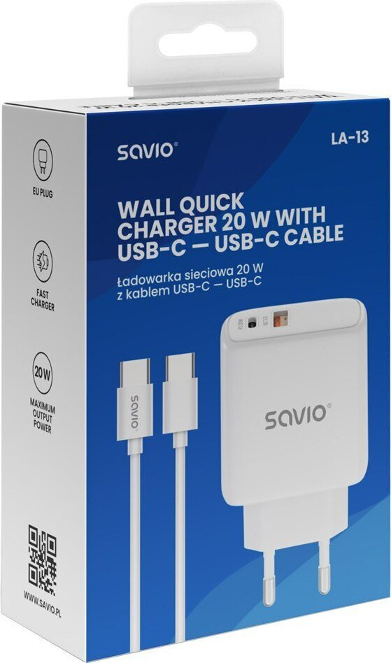 Savio Φορτιστής με Θύρα USB-A και Θύρα USB-C και Καλώδιο USB-C - USB-C 20W Power Delivery Λευκός (LA-13) - Image 2