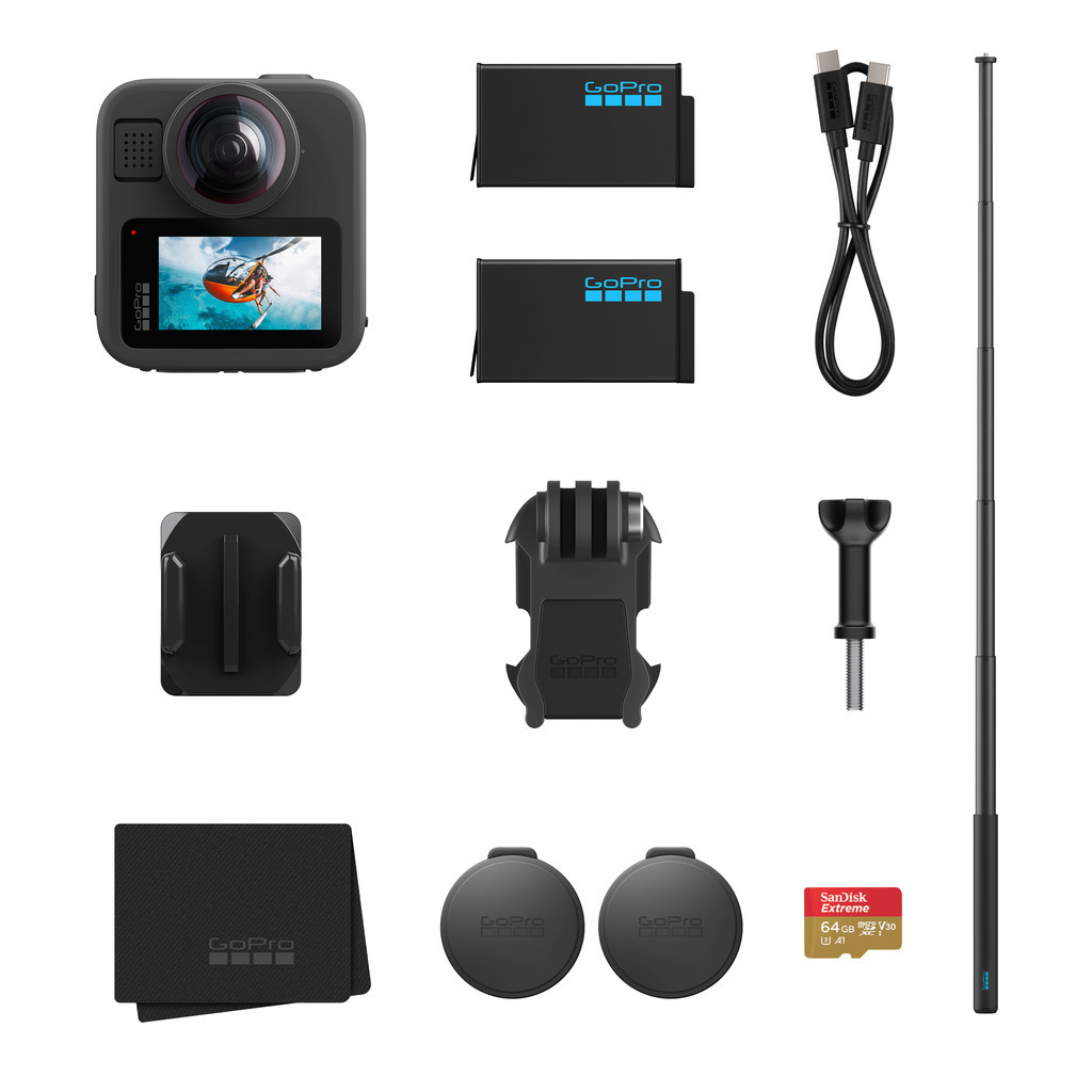 GoPro Max 2 Action Camera 5K Λήψης 360° Υποβρύχια Accessories Bundle με Οθόνη Αφής 1.82" και Wi-Fi Μαύρη