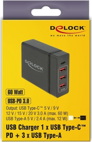 DeLock Βάση Φόρτισης με 3 Θύρες USB-A και Θύρα USB-C 60W Power Delivery σε Μαύρο χρώμα (63974) - Image 5