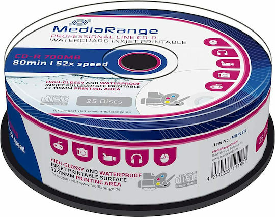 MediaRange Εγγράψιμα CD-R 52x Printable 700MB Cake Box 25τμχ (MRPL512)