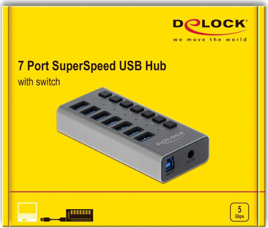 DeLock USB 3.0 Hub 7 Θυρών με σύνδεση USB-A & Θύρα Φόρτισης και Εξωτερική Παροχή Ρεύματος (63669) - Image 2