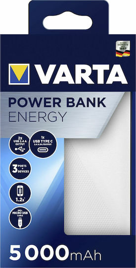 Varta Energy Power Bank 5000mAh με 2 Θύρες USB-A και Θύρα USB-C Λευκό - Image 5