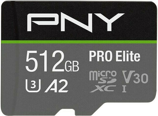 PNY Pro Elite microSDXC 512GB Class 10 U3 V30 A2 UHS-I με αντάπτορα