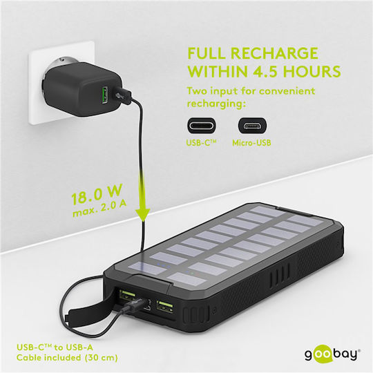 Goobay 53934 Ηλιακό Power Bank 20000mAh 18W με 2 Θύρες USB-A και Θύρα USB-C Power Delivery Μαύρο - Image 3