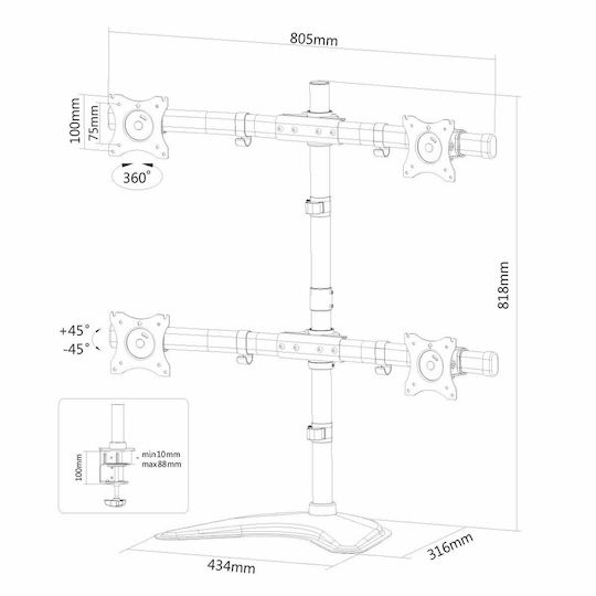 Neomounts Επιτραπέζια Βάση για 4 Οθόνες έως 27" με Βραχίονα (NM-D335D4BLACK) - Image 3
