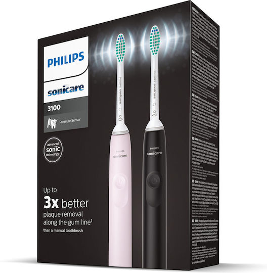 Philips Sonicare 3100 Ηλεκτρική Οδοντόβουρτσα με Χρονομετρητή και Αισθητήρα Πίεσης Black / Sugar Rose Διπλή Συσκευασία - Image 3