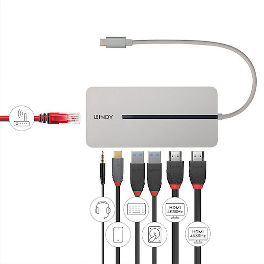 Lindy USB-C Docking Station με HDMI 4K PD Ethernet και συνδεση 2 Οθονών Γκρι (43360) - Image 4