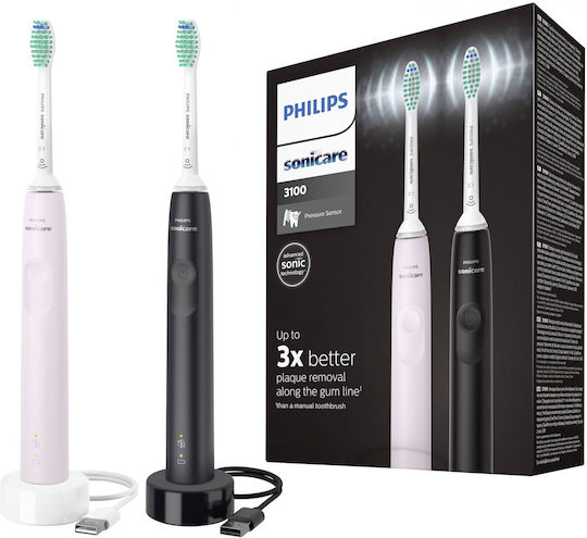 Philips Sonicare 3100 Ηλεκτρική Οδοντόβουρτσα με Χρονομετρητή και Αισθητήρα Πίεσης Black / Sugar Rose Διπλή Συσκευασία - Image 4