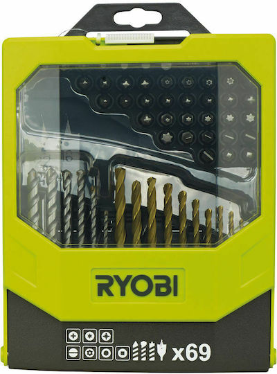 Ryobi Rak69mix Σετ 69 Τρυπάνια Φτερού HSS με Κυλινδρικό Στέλεχος για Μέταλλο, Ξύλο και Δομικά Υλικά 5132002687