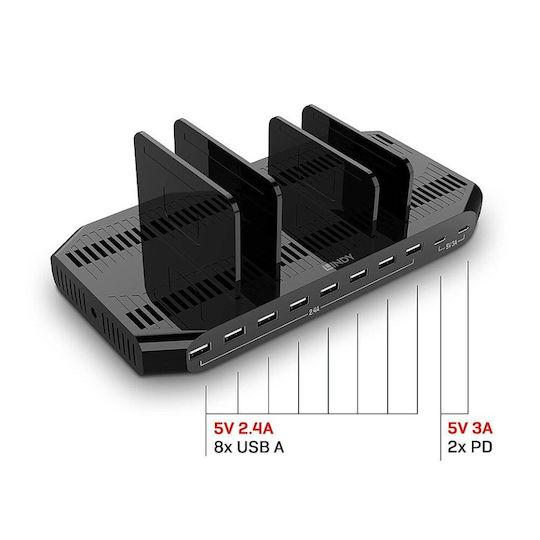Lindy Βάση Φόρτισης με 8 Θύρες USB-A και 2 Θύρες USB-C 120W Quick Charge 3.0 σε Μαύρο χρώμα (73435) - Image 2