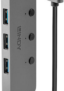 Lindy USB 3.0 Hub 4 Θυρών με σύνδεση USB-A Γκρι (43309)