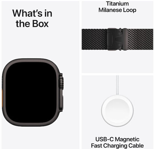 Apple Watch Ultra 2 2024 Titanium 49mm Αδιάβροχο με eSIM και Παλμογράφο (Black με Black Titanium Milanese Loop - Small) - Image 5