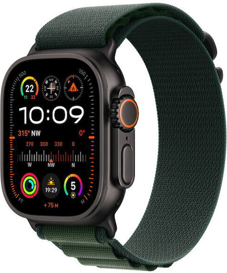 Apple Watch Ultra 2 2024 Titanium 49mm Αδιάβροχο με eSIM και Παλμογράφο (Black με Dark Green Alpine Loop - Large) - Image 2
