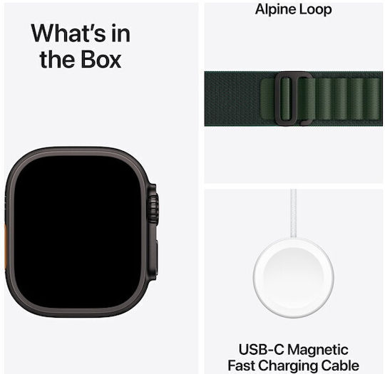Apple Watch Ultra 2 2024 Titanium 49mm Αδιάβροχο με eSIM και Παλμογράφο (Black με Dark Green Alpine Loop - Large) - Image 5