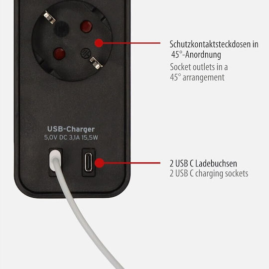 Brennenstuhl Ecolor Πολύπριζο 4 Θέσεων με 2 USB-C, Διακόπτη και Καλώδιο 1.5m 1153240106 - Image 2
