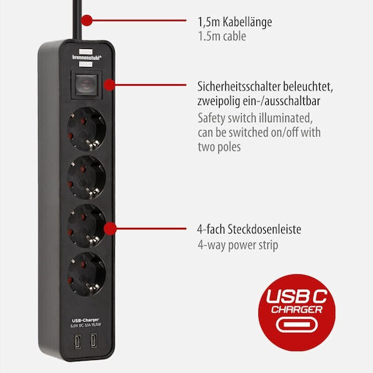 Brennenstuhl Ecolor Πολύπριζο 4 Θέσεων με 2 USB-C, Διακόπτη και Καλώδιο 1.5m 1153240106 - Image 3
