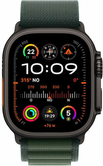 Apple Watch Ultra 2 2024 Titanium 49mm Αδιάβροχο με eSIM και Παλμογράφο (Black με Dark Green Alpine Loop - Medium)